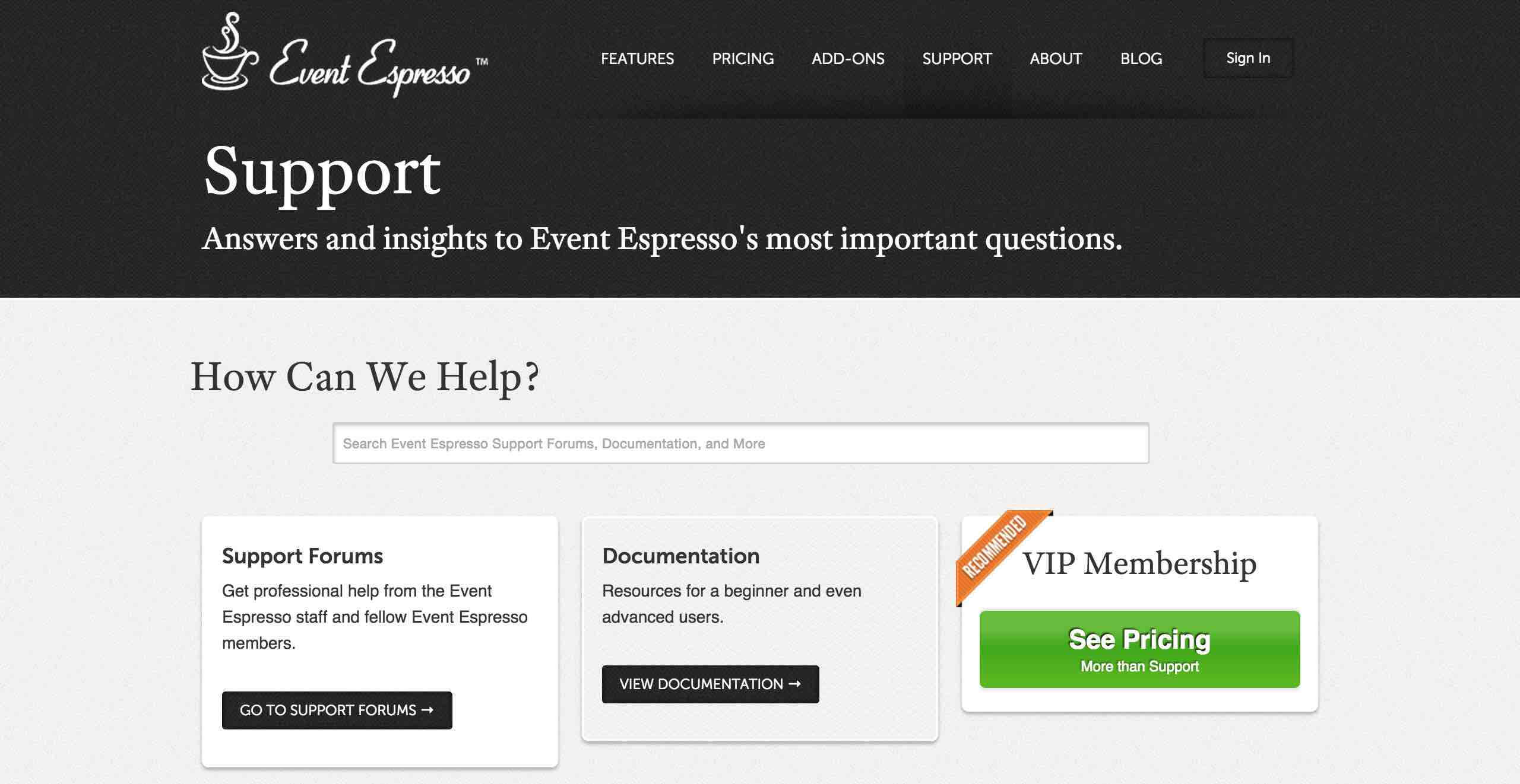 Event Espresso support page